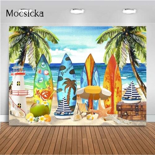 Surfboart Photography Backdroo Newborn Kids Birthday Party Background Palm tree lifeboat