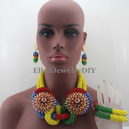 Indian nigerian wedding Bridal beads Necklace Set Choker Necklace african beads Jewelry set For Women Yellow Necklace set W13041