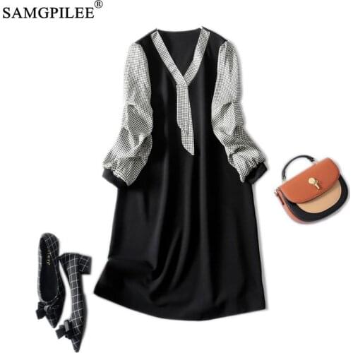 Summer Dresses For Women 2021 New Fashion Houndstooth Sleeves Patchwork V-neck Diamond Knee Length Slim Plus Size Woman Dress