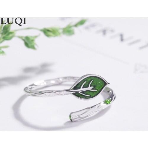 Fashion Womens S925 Silver Plated White Gold Personalized Green Leaf Open Rings R2033