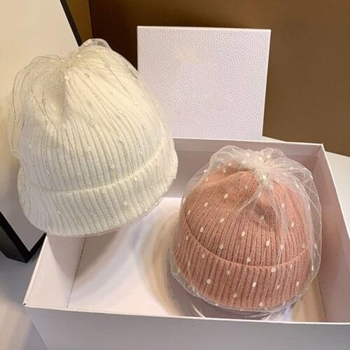 New Fashion Women Beanie Hat Warm Winter Hat fascinating Veil Netting Knit Hats Chunky Soft Stretch Knitted Cap for Cold Weather