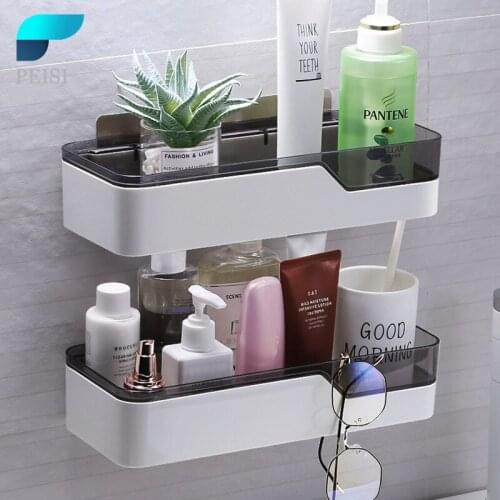 PEISI Bathroom Organizer Shelf Shampoo Cosmetic Storage Rack Wall Mounted Kitchen Shelf Household Items Bathroom Accessories