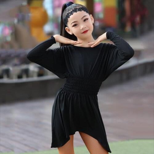Latin Dance Dress Children Rumba Samba Modern Dance Training Clothes Elastic Waist Girls Latin Costume Black Dress Bat-Sleeved