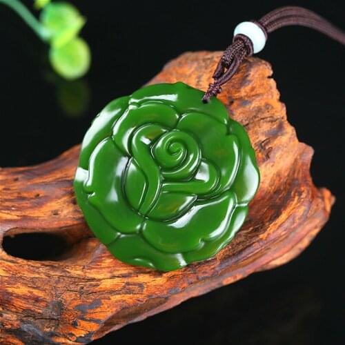 Rose Flower Green Jade Pendant Chinese Necklace Hand-Carved Natural Charm Jewelry Amulet Fashion Accessories for Men Women Gifts