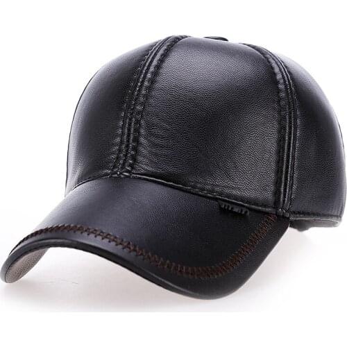 2017 new High quality Faux Leather hat genuine winter leather hat baseball cap adjustable for men black hats
