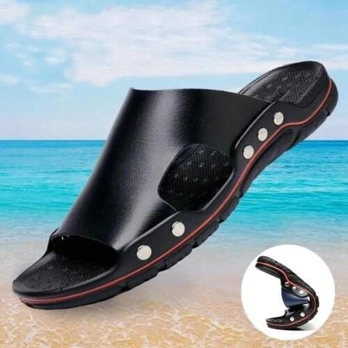 Fashion Summer Leather Cowhide Slippers Men Outdoor Non-Slip Beach Slippers Household Casual Single Shoes PVC Soft Sole Sandals