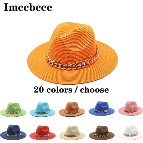 20 Colors Fashion Sun Hats Summer Straw Hat Casual Panama Beach Hat with Chain Temperament Retro Jazz Caps Fedoras Fisherman Cap