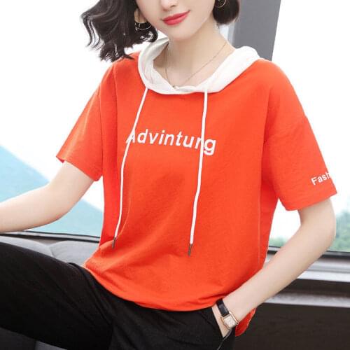 2020 100% Cotton Hoodie O Neck T Shirt Woman Summer Short Sleeve Shirt Woman T-shirt Loose Korean Style Plus Size Women Shirts