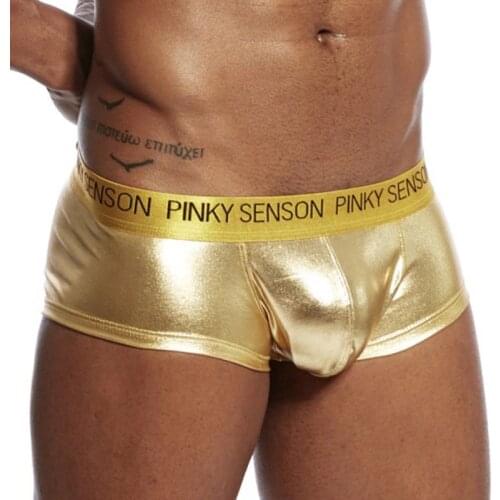 Pinky Senson Men Boxers Bright Boxershort Gold Faux Leather Panties Performance Underwear Boxer Calsones Homme S04BO
