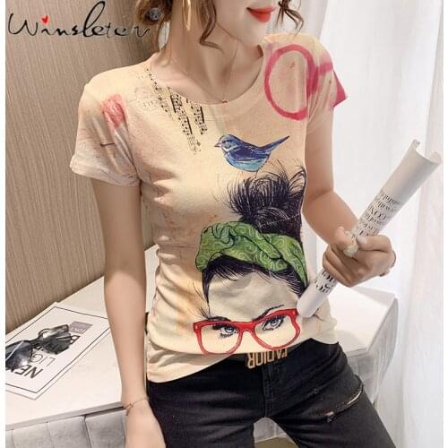 Summer European Clothes T-Shirt Print Fashion Women Tops Short Sleeve Bottoming Shirt Contrast Color Casual Tees 2021 T15706A