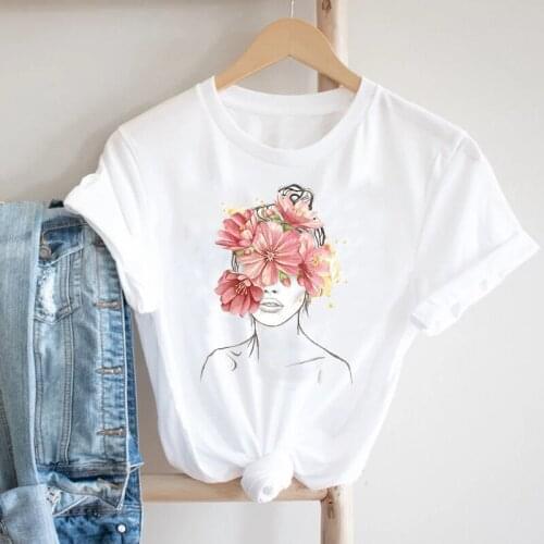 Women Short Sleeve Watercolor Flower Kawaii Spring Clothing 90s Fashion Clothes Print Tshirt Female Tee Top Graphic T-shirt