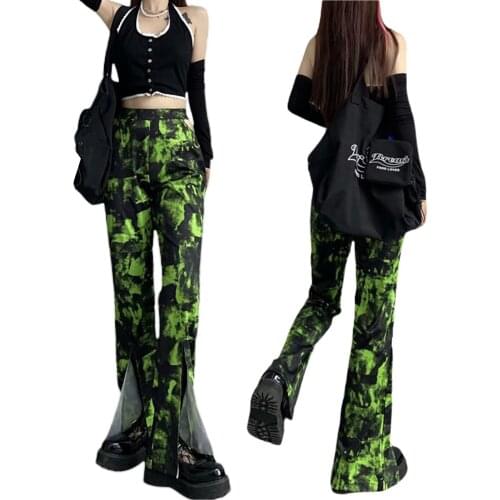 Y2k Womens Hollow High Waist Sexy Straight Trousers Fashion Tie-dye 2021 Summer Casual Stretch Split Long Pants