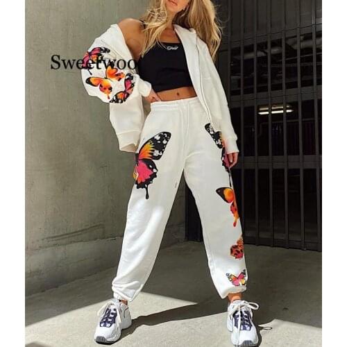 Butterfly Printed Sweatpants Women High Waist Pants set Baggy Fashion Joggers Elastic Womens suit
