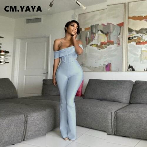 CM.YAYA Women Set Off Shoulder Short Sleeve Slash Neck Crop Tops Flare Pants Two 2 Piece Sets Fashion Sexy Outfits Summer 2021