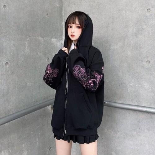 Gothic Japanese trend new embroidered cardigan hooded sweater women2021 y2k Korean loose spring and autumn coat sweatshirt women