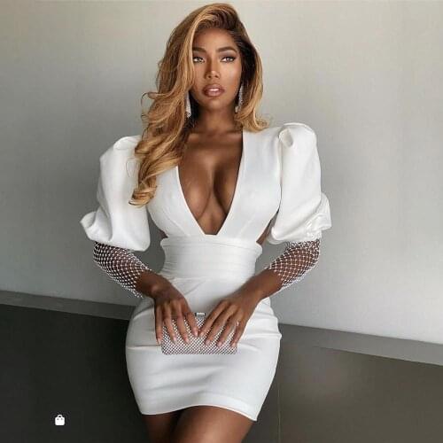 Celebrity bandage dress elegant woman white dress 2020 autumn new v neck short sleeves mini dress diamond sleeves vintage vestio