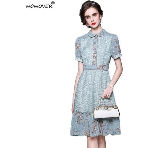 Women Fashion Peter Pan Collar Puff Sleeve Embroidery Lace Dress Runway Designers Summer Robe Elegant Retro Party Vestidos