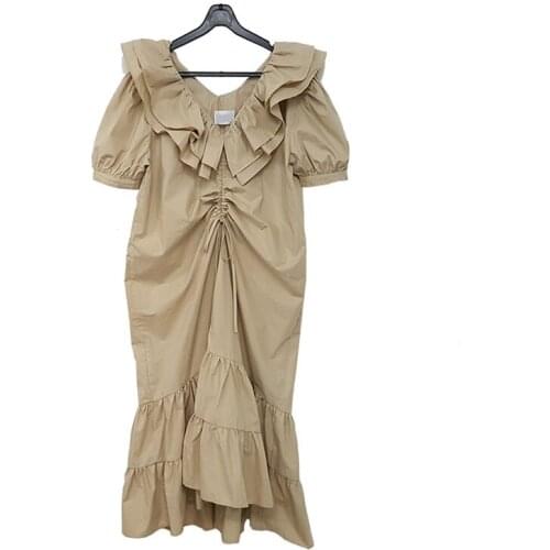 PERHAPS U Women Ruffle Collar Short Sleeve Drawstring Midi Dress Khaki White Loose D1088