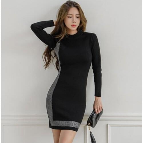 2021 New Winter Thick Glittering Knitting Dress Round Neck Long-Sleeved Ladies Elegant A-Line Vestidos Above Knee