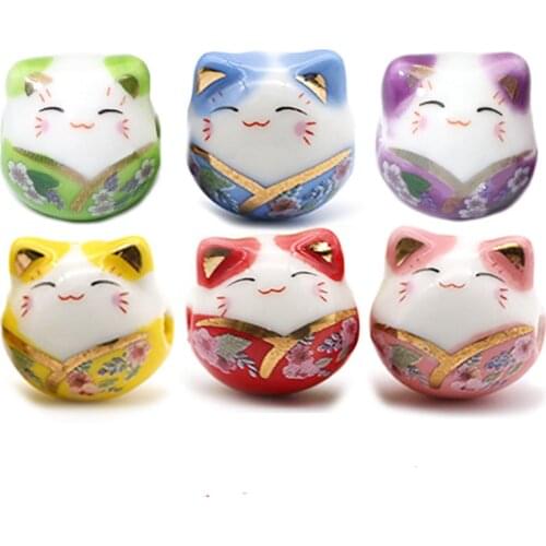 5pcs Smile Face Lucky Cat Ceramic Beads 14x15mm Loose Color Painting Ceramics Bead For Jewelry Making DIY Bracelet Necklace