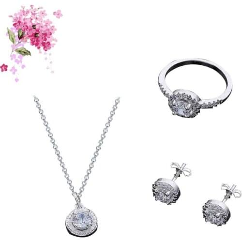 80% Hot Sale Women Round Zircon Ear Studs Open Ring Necklace Fashion Party Jewelry Charm Set