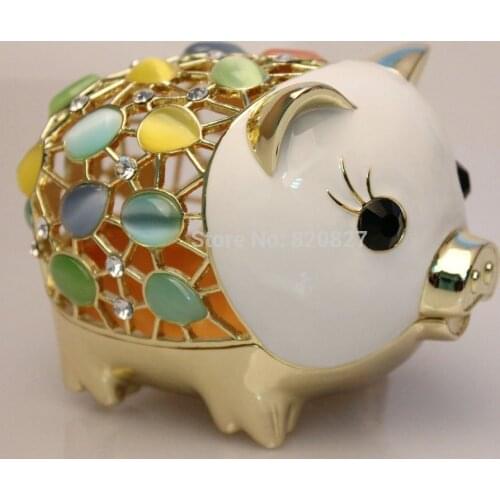Big Pewter Pig Money Jewelry Box for Coins & Cash - Novelty Opal Studded Treasure Saving Bank, White & Rose Gold, 11*7.5*8 CM