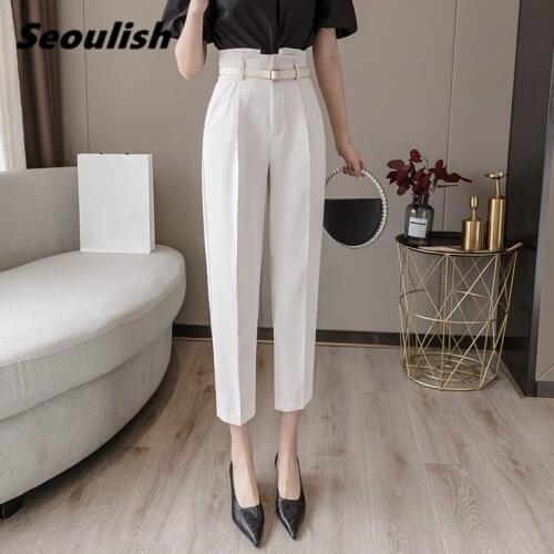 Seoulish Formal Womens Harem Pants with Belted New 2021 Summer High Waist Female Workwear Elegant Ankle Length Loose Trouses