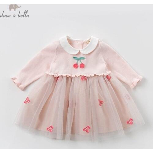 DBM12757 dave bella spring baby girls princess cute mesh sweater dress children fashion party dress kids infant lolita clothes