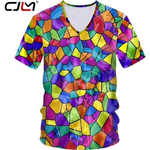 CJLM T-shirt Male Deep V-neck Slim Fit Funny 3D Tee Shirt Printing Colorful Lattice Streetwear Clothing Men Spring Tshirt 5XL