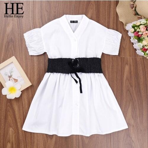 HE Hello Enjoy Toddler Kids Baby Girls Dress Clothes Short Sleeve Puff Sleeve Waist White A-Line Dress Shirt Top Dress Outfit
