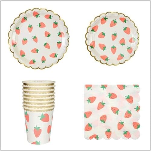 Strawberry Paper Disposable Tableware Party Decoration Tissue Paper Cup Dish Dinner Paper Tableware Plates Cups Napkin PY22
