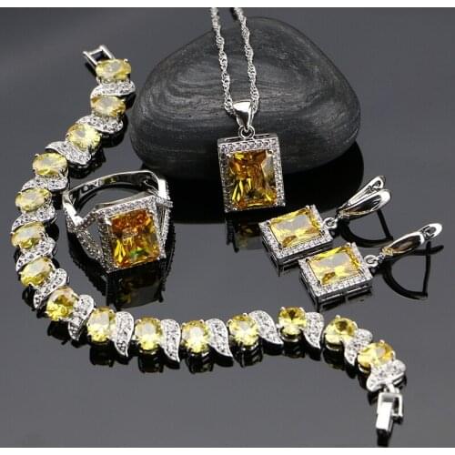 Noble Golden Yellow Zircon 925 Sterling Silver Jewelry Sets For Caucasian Wedding Earrings/Ring/Bracelet/Pendant/Necklace Set