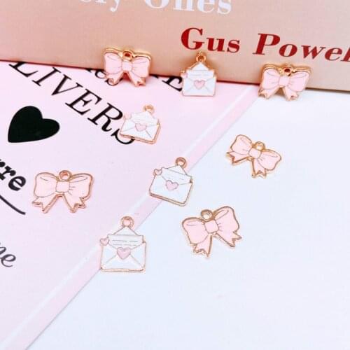10pcs Envelope Pink Bow Metal Enamle Charms Craft Oil Drop Pendant for Earring Necklace DIY Bracelet Jewelry Making