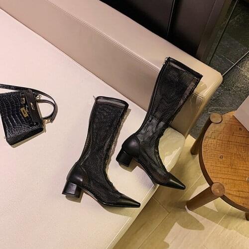 Leather summer new all-match high-heeled Martin boots strap thin boots, mesh hollow high boots, thick heel sandals X784