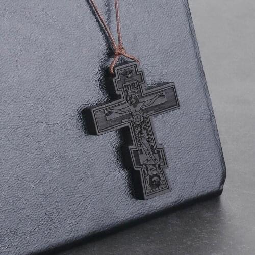 Adjustable Leather Rope Chains Religious INRI Orthodox Saint St.Benedict Pendant Necklace Red Black Wood Cross Necklaces for Men