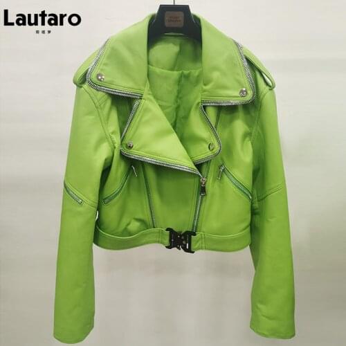 Lautaro Autumn Short Green Soft Faux Leather Biker Jacket Women Long Sleeve Zipper Belt Designer European and American Fashion