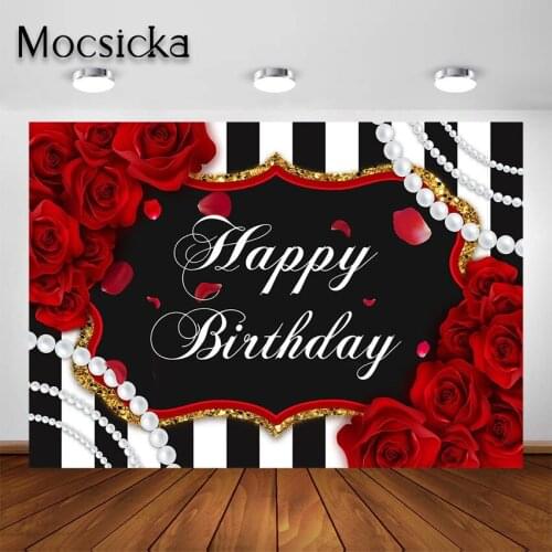 Mocsicka Rose Birthday Party Backdrop for Red Rose Flower Stripes Pearl Party Decorations Girls Birthday Background Photoshoot