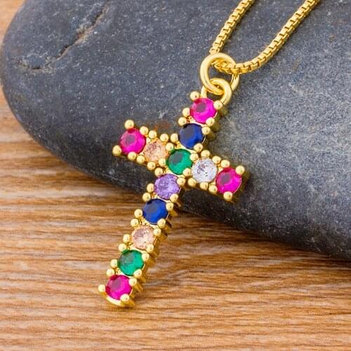 Fashion AAA Cubic Zirconia Rainbow Cross Choker Necklace Gold Chain Crystal Pendant Necklace Women Jewelry Gifts For Engagement
