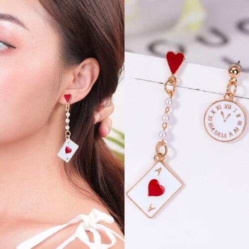 Fashion Asymmetrical Earrings Cartoon Alice Clock Poker Card Ace of Hearts Pendant Dangle Earrings For Women Korean Jewelry