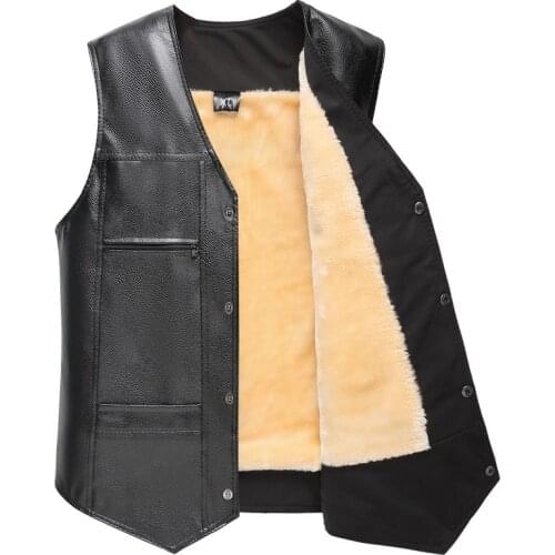 2020 New Mens Vest Plus Velvet Black Men PU Leather Vest Fleece Vest Large Size Winter Middle-aged Fashion Unsleeve Coat