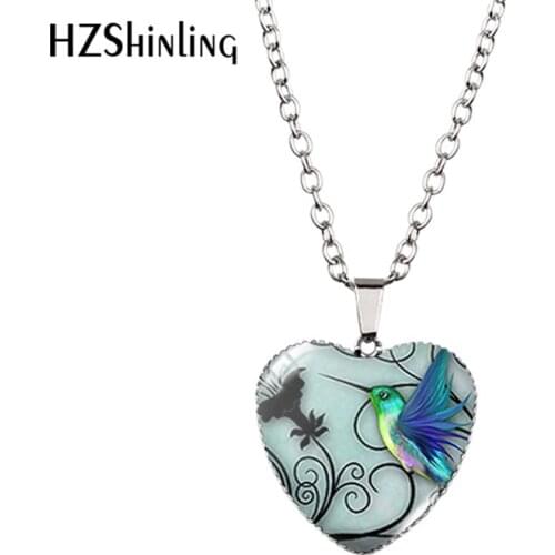 New Blue Hummingbird Heart Necklace Hummingbird Art Heart Pendant Jewelry Fashion Heart Necklace HZ3