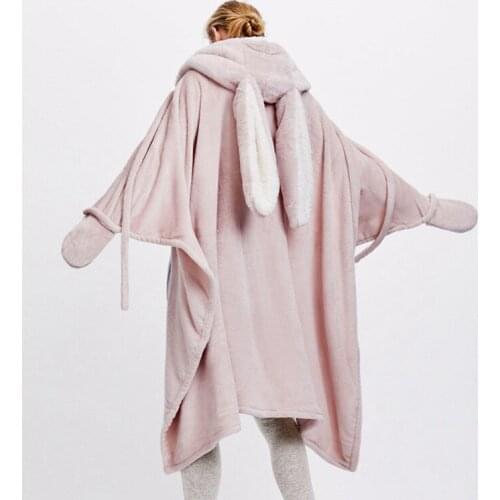 Cute Pink Comfy Blanket Sweatshirt Winter Warm Adults and Children Rabbit Ear Hooded Fleece Blanket Sleepwear Huge Bed Blankets