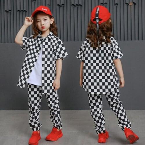 Girls Ballroom Dance Clothes Hip Hop Costumes Kids Black White Long Checked Shirt Dancing Clothing Performance Shows Dancewear