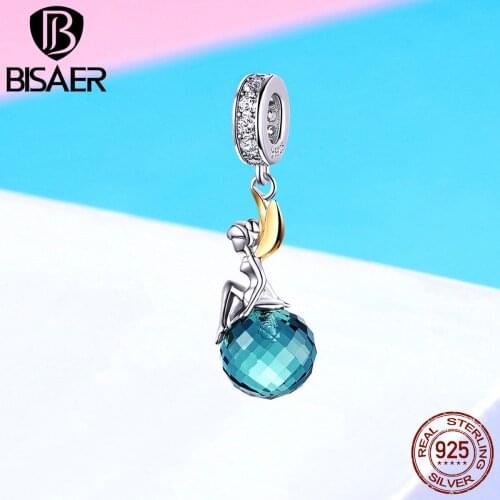 BISAER Authentic 925 Sterling Silver Blue Crystal Mysteriou Elf Planet Beads Charms fit Bracelet Silver Jewelry Making EFC056