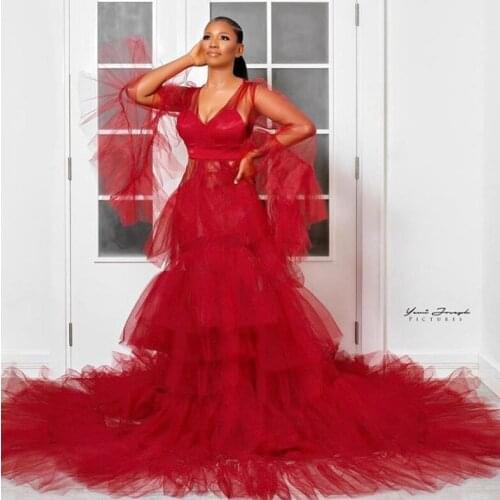 Luxury Red Tulle Dressing Gowns Long Sleeves Sheer V Neck Long Trian Women Tulle Dresses Ruffles Tiered Plus Size