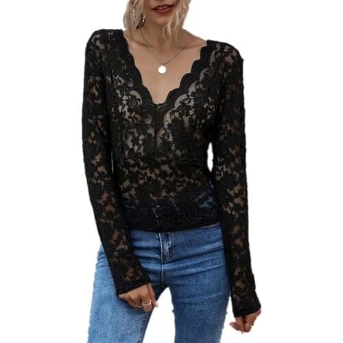 Ladies Casual Black Lace Hollow Out See-Through Top And Blouse Women Autumn Sexy V-Neck Long Sleeve Backless Tie Elegant Blouses