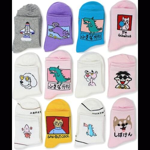 Women Unisex Harajuku Funny Cartoon Cat Dinosaur Ice Cream Japanese Print Long Cotton Socks Student