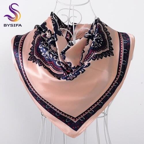 [BYSIFA] Ladies Khaki Satin Scarves Wraps Autumn Winter Fashion Brand Silk Square Scarf Shawl 90*90cm Turkey Headscarf Lencos