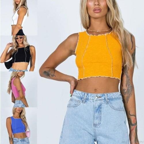 Women Summer Sleeveless O-Neck Crop Top Contrast Color Ruffle Trim Striped Mini Tank Vest Harajuku Ribbed Slim Fit Camis ly8 21