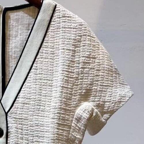 Women V Neck Mini Dress High Waist Ladies Short Sleeve Patchwork Mini Dress Button Decoration